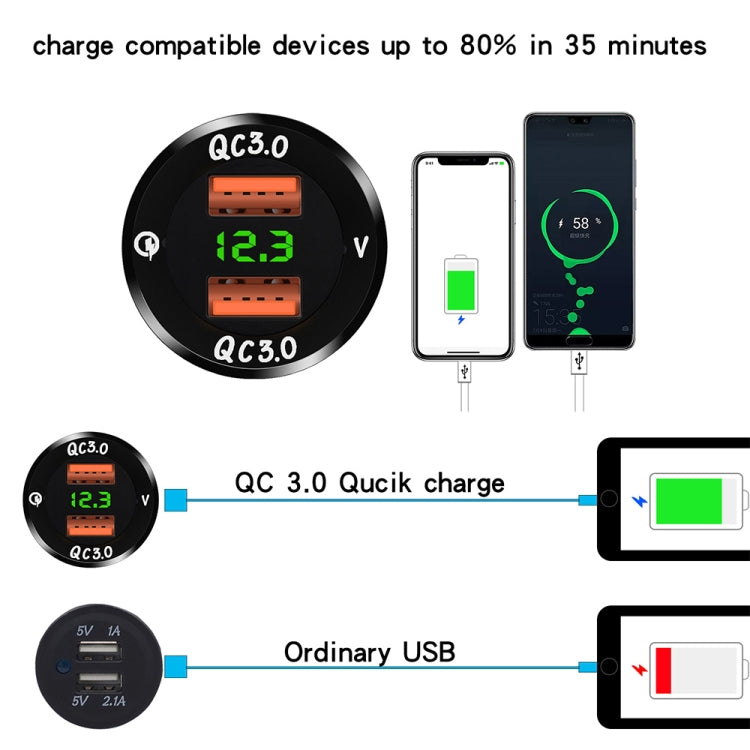 ZH-749 Car Waterproof Aluminium Alloy Black Shell Mobile Phone QC 3.0 Dual USB Charger