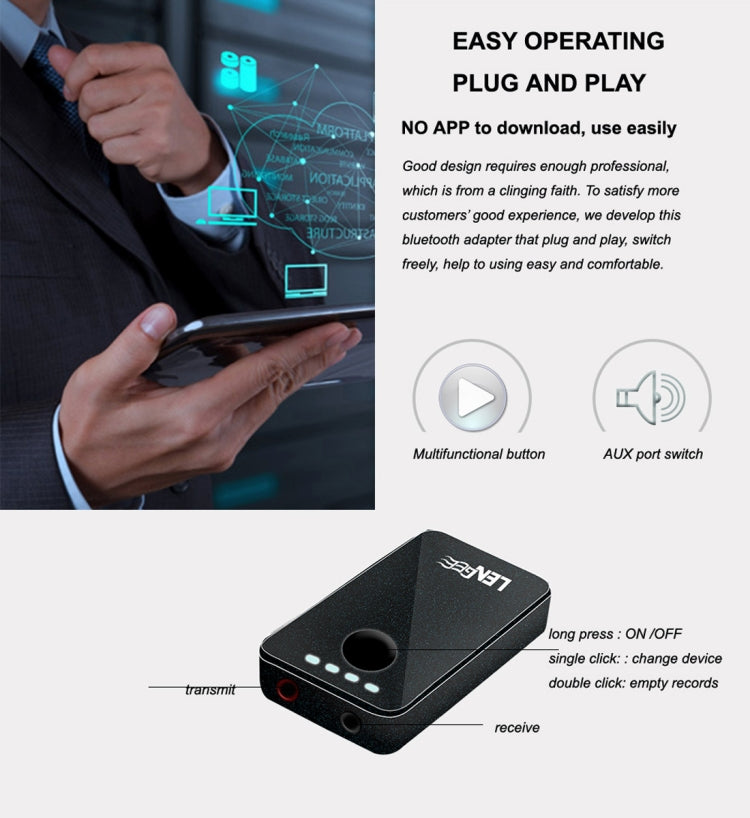 LENGEE B8 Bluetooth 4.1 + EDR 2-in-1 Transmitter Receiver Music Audio Adapter with 3.5mm AUX Cable (Black)