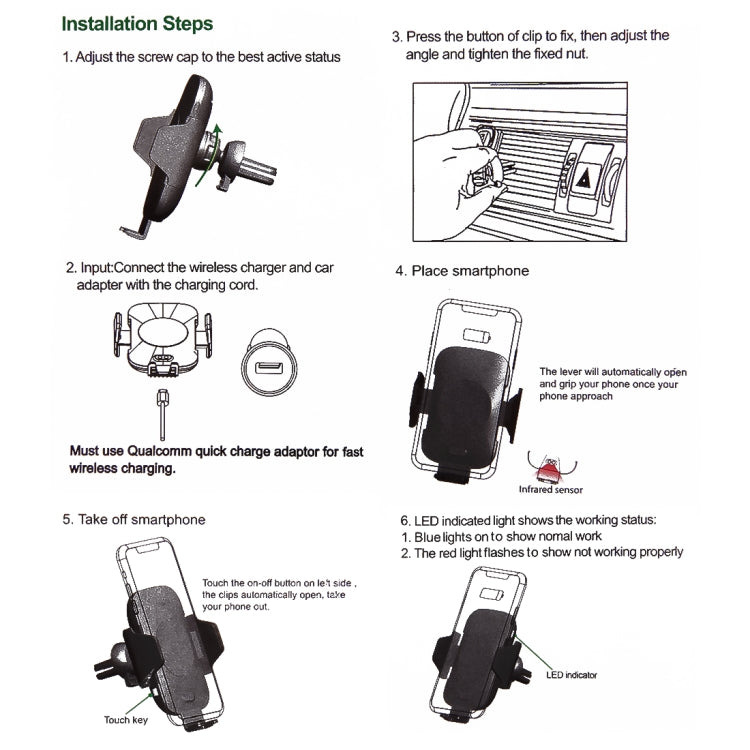 Universal Car Wireless Charger Air Vent Mount Phone Holder Stand, For iPhone, Galaxy, Sony, Lenovo, HTC, Huawei and other Smartphones (Width: 6-8.5cm)