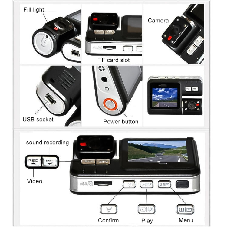 i1000X6 2.0 inch 170 Degrees Wide Angle Double Lens Full HD 1080P Video Car DVR, Support TF Card (32GB Max) / Motion Detection