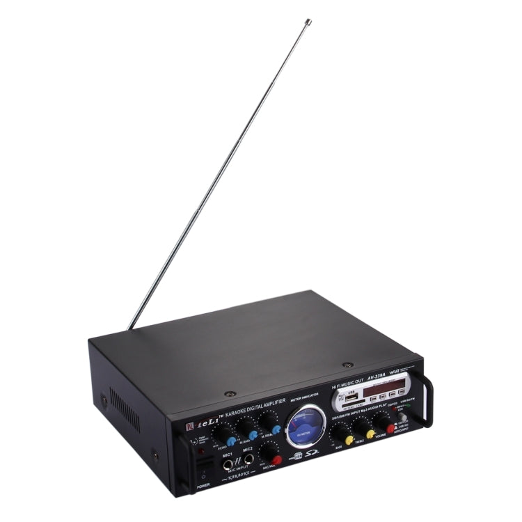 AV-339A 2CH HiFi Stereo Audio Amplifier with Remote Control, Support FM / SD / MP3 Player / USB / Display / Meter Indicator, AC 220V / DC 12V