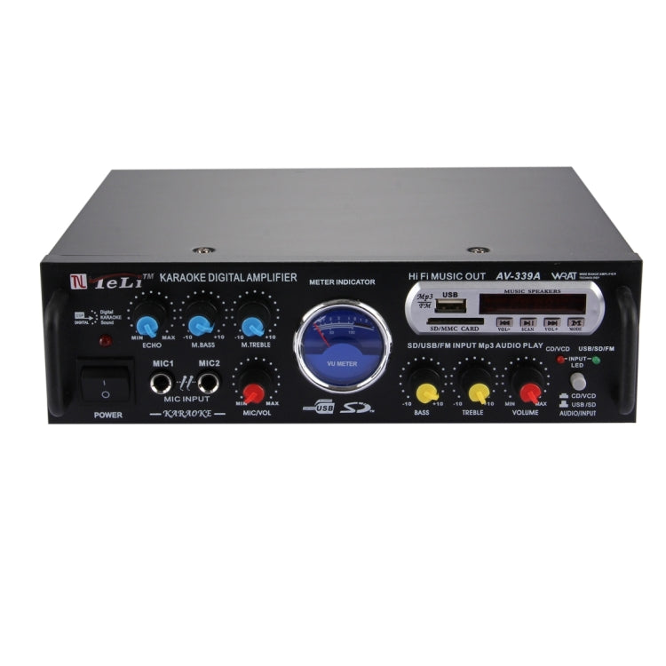 AV-339A 2CH HiFi Stereo Audio Amplifier with Remote Control, Support FM / SD / MP3 Player / USB / Display / Meter Indicator, AC 220V / DC 12V