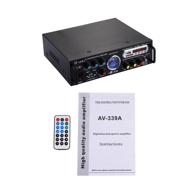 AV-339A 2CH HiFi Stereo Audio Amplifier with Remote Control, Support FM / SD / MP3 Player / USB / Display / Meter Indicator, AC 220V / DC 12V