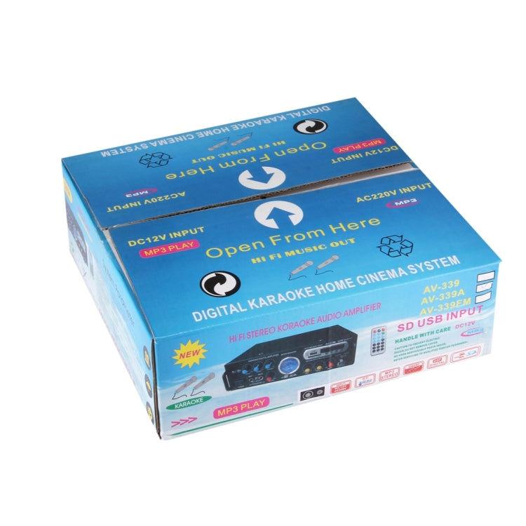 AV-339A 2CH HiFi Stereo Audio Amplifier with Remote Control, Support FM / SD / MP3 Player / USB / Display / Meter Indicator, AC 220V / DC 12V