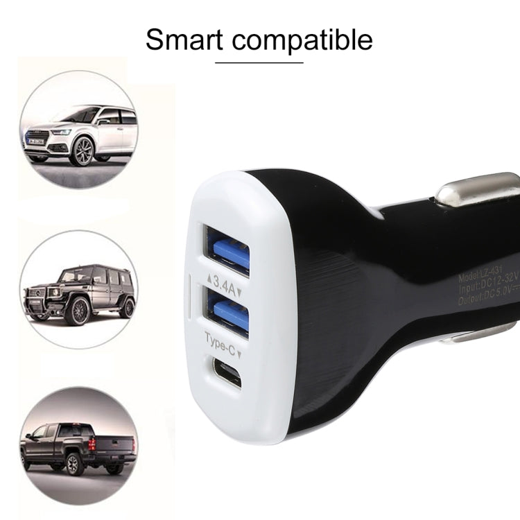 LZ-431 3.4A Type-C Three USB Ports Fast Car Charger