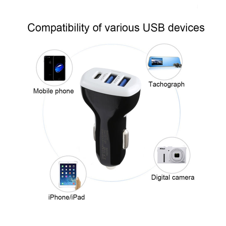 LZ-431 3.4A Type-C Three USB Ports Fast Car Charger