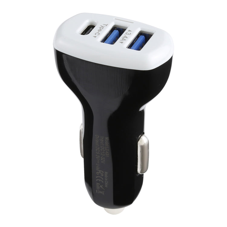 LZ-431 3.4A Type-C Three USB Ports Fast Car Charger
