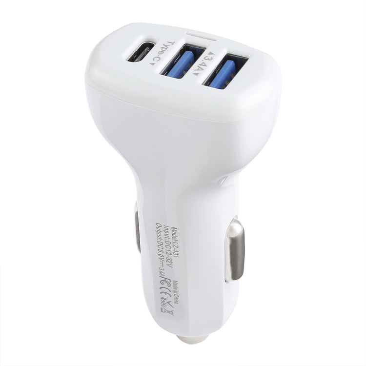 LZ-431 3.4A Type-C Three USB Ports Fast Car Charger