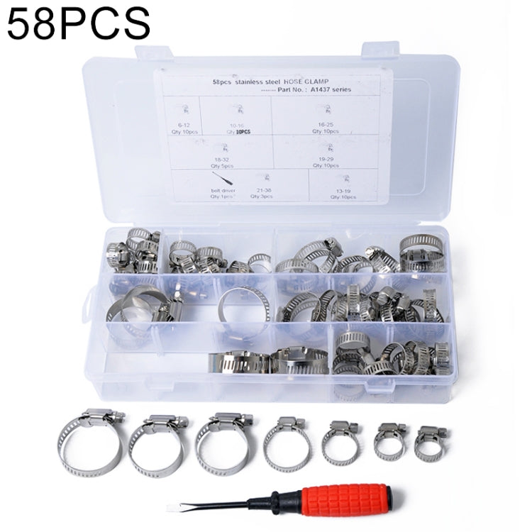 58 PCS Stainless Steel Adjustable Worm Gear Hose Clamp Fuel Line Clip with Screwdriver, Diameter Range: 6-38mm