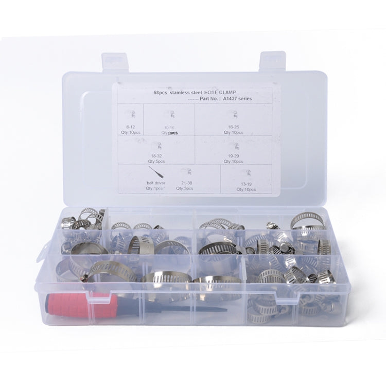 58 PCS Stainless Steel Adjustable Worm Gear Hose Clamp Fuel Line Clip with Screwdriver, Diameter Range: 6-38mm
