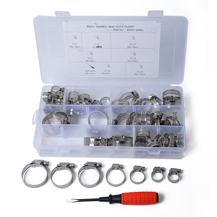 58 PCS Stainless Steel Adjustable Worm Gear Hose Clamp Fuel Line Clip with Screwdriver, Diameter Range: 6-38mm