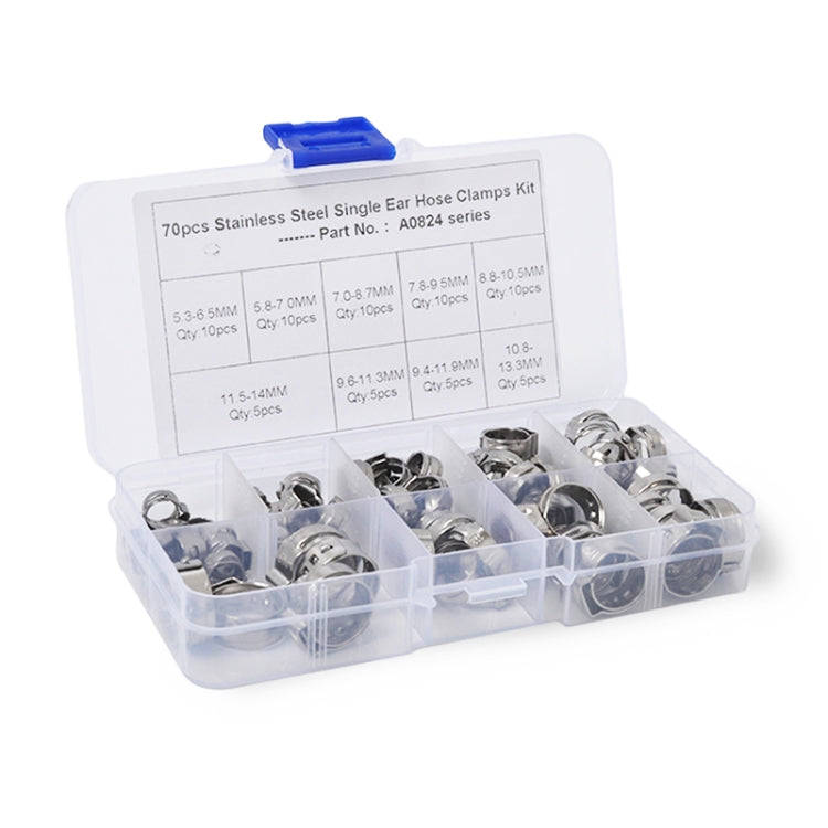 70 PCS Adjustable Single Ear Plus Stainless Steel Hydraulic Hose Clamps O-Clips Pipe Fuel Air, Inside Diameter Range: 5.3-14mm