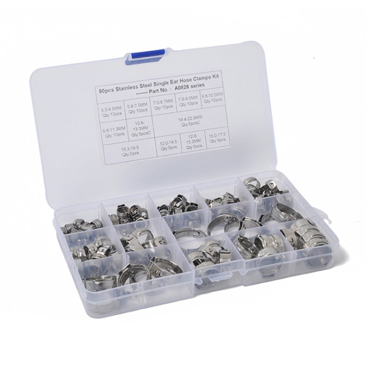90 PCS Adjustable Single Ear Plus Stainless Steel Hydraulic Hose Clamps O-Clips Pipe Fuel Air, Inside Diameter Range: 5.3-22.6mm