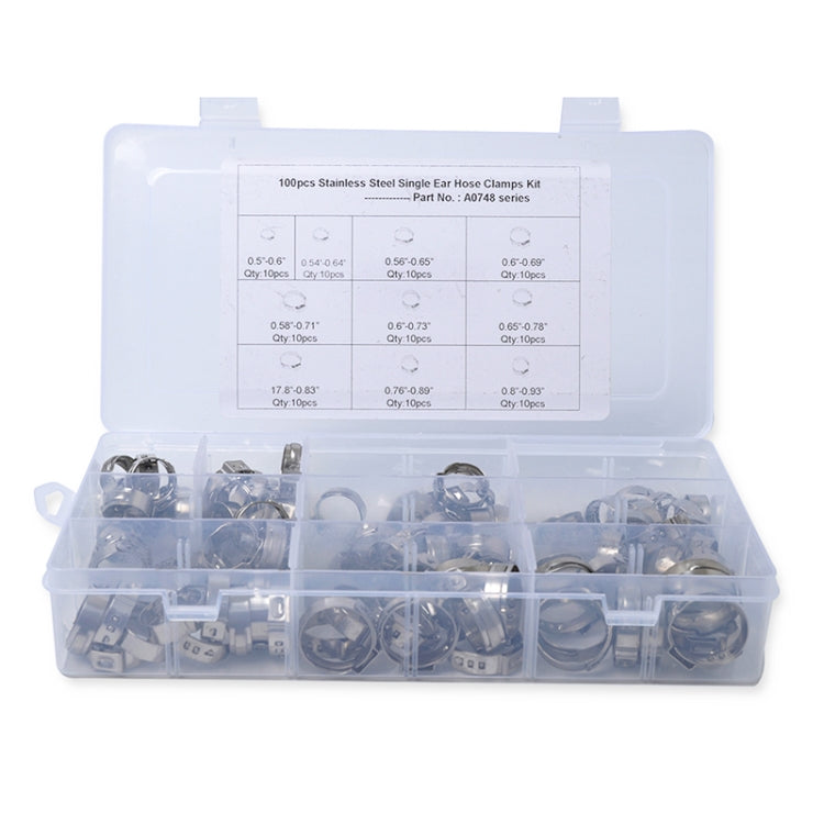 100 PCS Adjustable Single Ear Plus Stainless Steel Hydraulic Hose Clamps O-Clips Pipe Fuel Air, Inside Diameter Range: 12.8-23.5mm