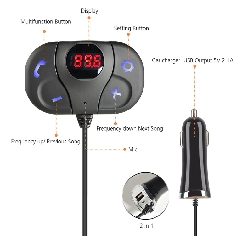 BAT62 Multifunctional Car Bluetooth FM Transmitter with Car Charger, Support Hands-free Call & TF Card Music Play & USB Smartphones Charging Function