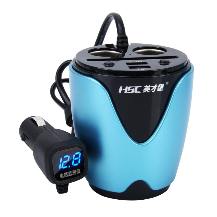 HSC YC-19D Car Cup Charger 2.1A/1A Dual USB Ports Car 12V-24V Charger with 2-Socket Cigarette, Card Socket and LED Display