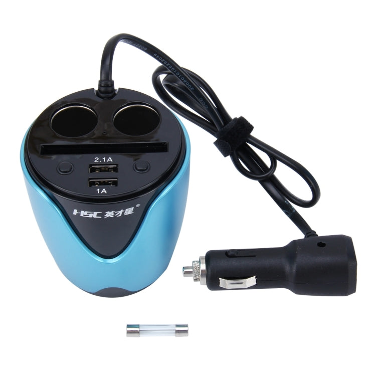HSC YC-19D Car Cup Charger 2.1A/1A Dual USB Ports Car 12V-24V Charger with 2-Socket Cigarette, Card Socket and LED Display