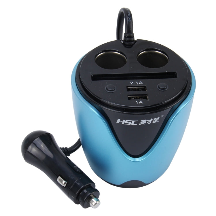 HSC YC-19 Car Cup Charger 2.1A/1A Dual USB Ports Car 12V-24V Charger with 2-Socket Cigarette and Card Socket