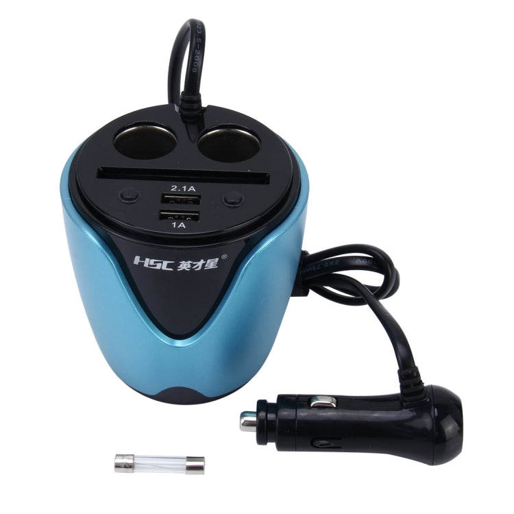 HSC YC-19 Car Cup Charger 2.1A/1A Dual USB Ports Car 12V-24V Charger with 2-Socket Cigarette and Card Socket