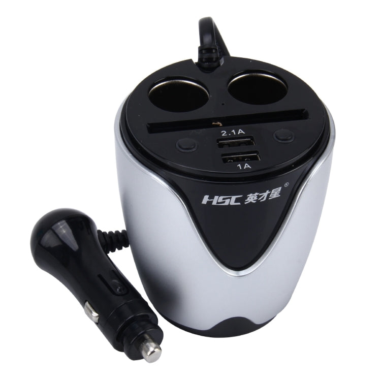 HSC YC-19 Car Cup Charger 2.1A/1A Dual USB Ports Car 12V-24V Charger with 2-Socket Cigarette and Card Socket