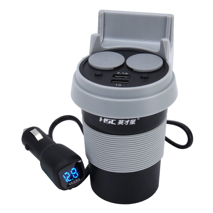HSC HSC-500D Car Cup Charger 2.1A/1A Dual USB Ports Car 12V-24V Charger with 2-Socket Cigarette LED Display Universal Phone Holder