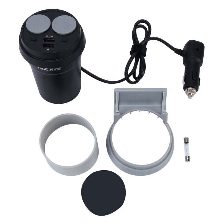 HSC HSC-500D Car Cup Charger 2.1A/1A Dual USB Ports Car 12V-24V Charger with 2-Socket Cigarette LED Display Universal Phone Holder