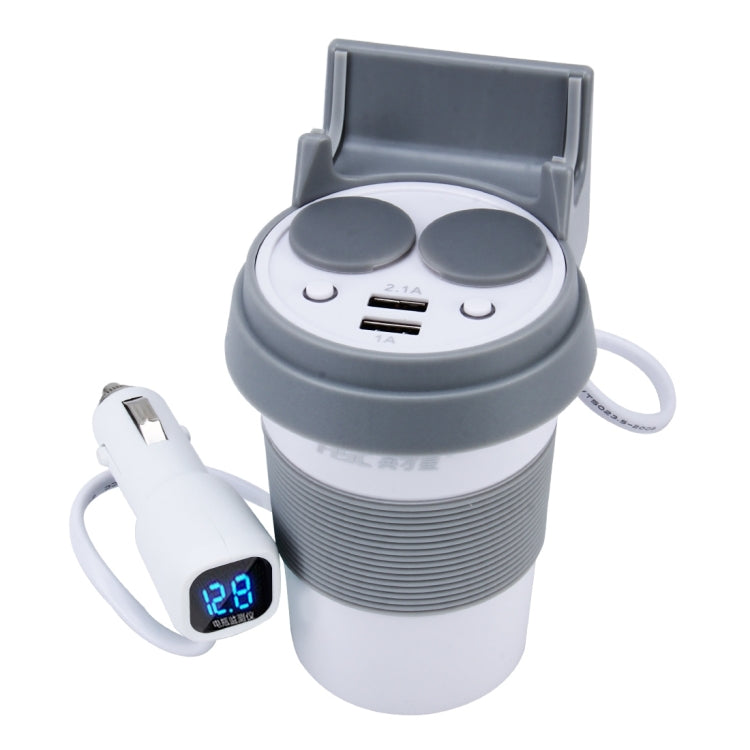 HSC HSC-500D Car Cup Charger 2.1A/1A Dual USB Ports Car 12V-24V Charger with 2-Socket Cigarette LED Display Universal Phone Holder