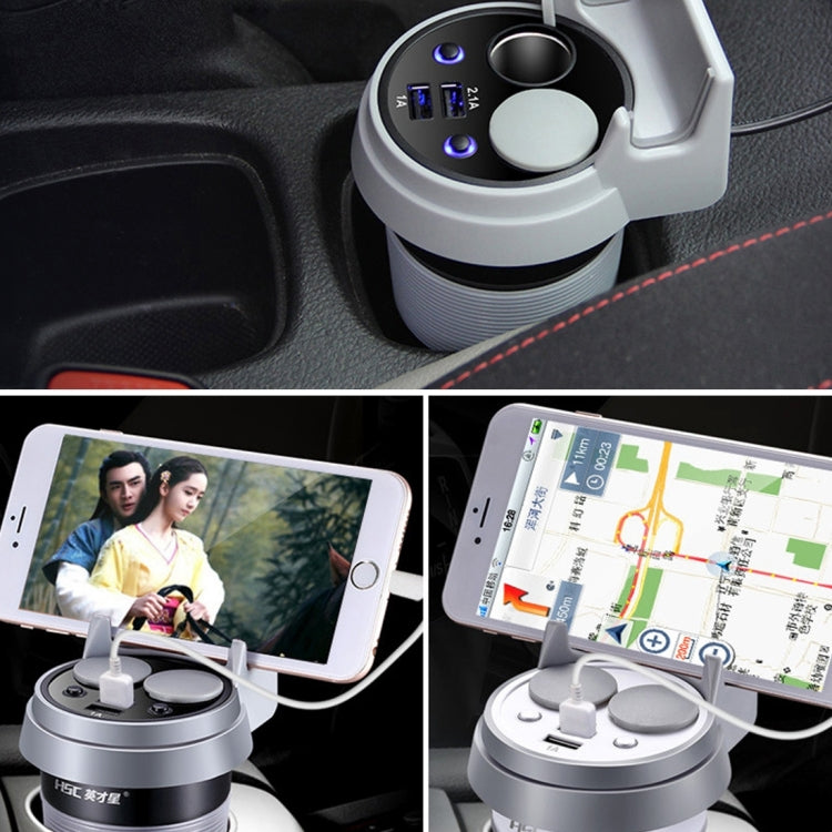 HSC HSC-500D Car Cup Charger 2.1A/1A Dual USB Ports Car 12V-24V Charger with 2-Socket Cigarette LED Display Universal Phone Holder