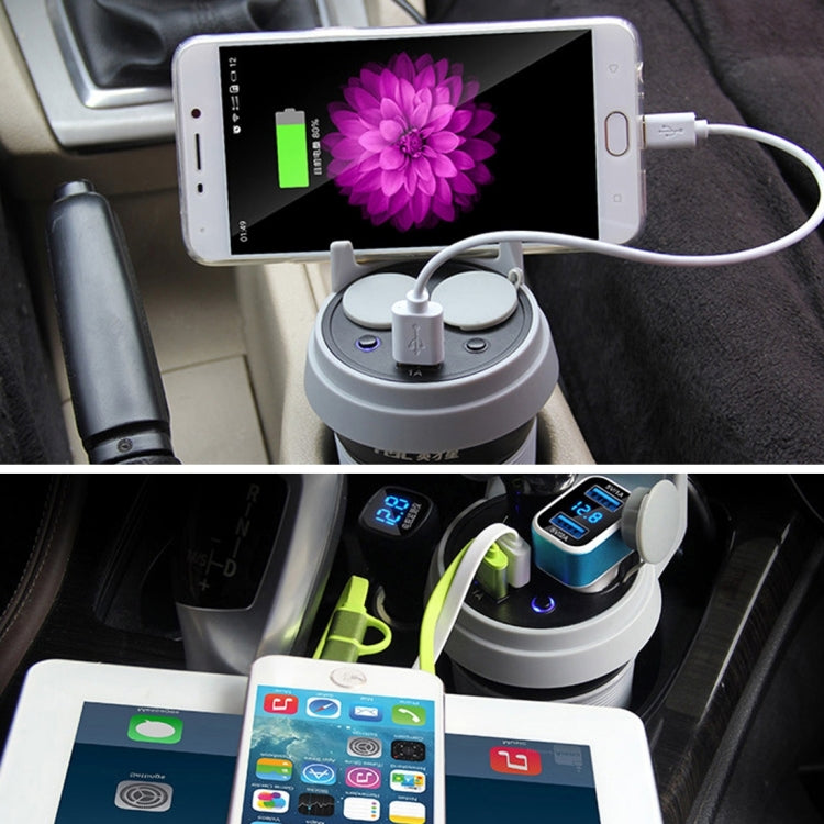 HSC HSC-500D Car Cup Charger 2.1A/1A Dual USB Ports Car 12V-24V Charger with 2-Socket Cigarette LED Display Universal Phone Holder
