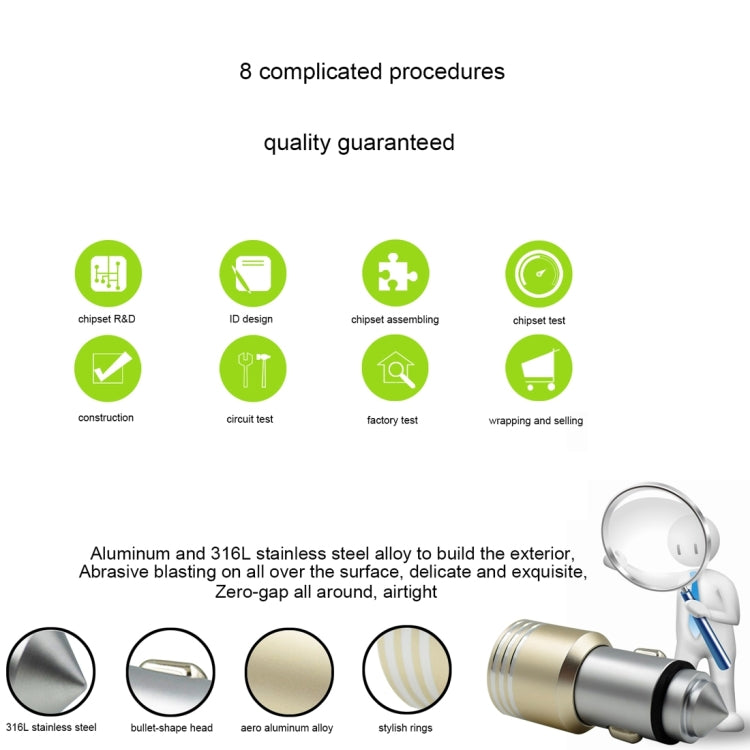 VKworld C101 Aluminium Alloy and Stainless Steel Cone Emergency Hammer Dual USB Port Intelligent IC Protection Car Charger for Smartphones and Tablets, Size: 61 x 26.6 mm