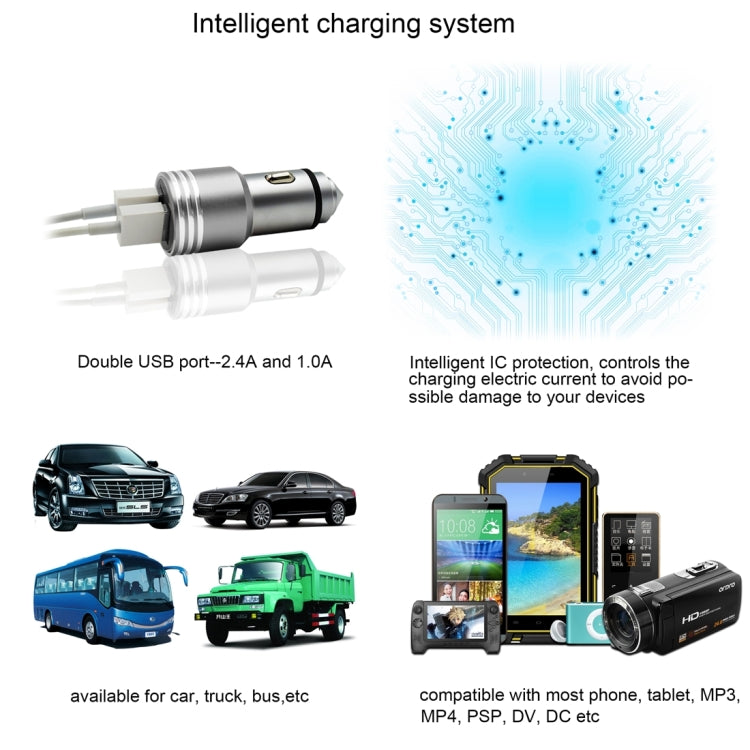 VKworld C101 Aluminium Alloy and Stainless Steel Cone Emergency Hammer Dual USB Port Intelligent IC Protection Car Charger for Smartphones and Tablets, Size: 61 x 26.6 mm