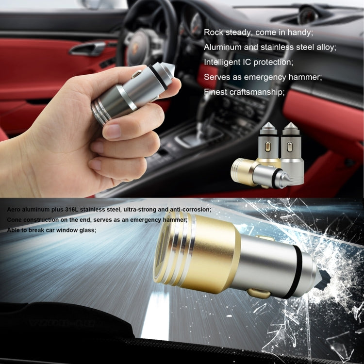 VKworld C101 Aluminium Alloy and Stainless Steel Cone Emergency Hammer Dual USB Port Intelligent IC Protection Car Charger for Smartphones and Tablets, Size: 61 x 26.6 mm