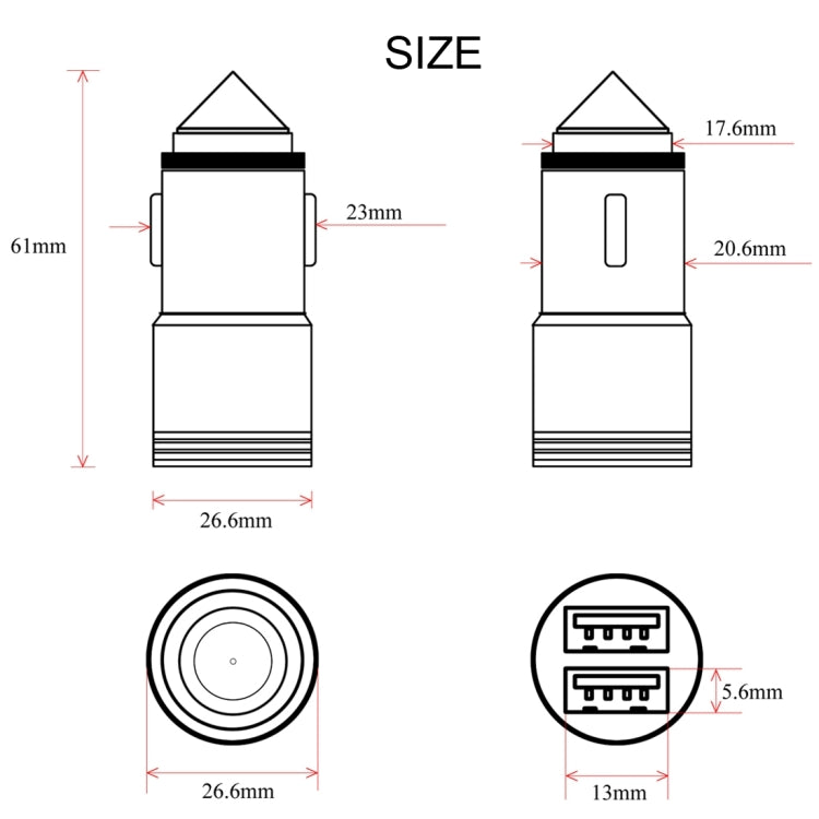 VKworld C101 Aluminium Alloy and Stainless Steel Cone Emergency Hammer Dual USB Port Intelligent IC Protection Car Charger for Smartphones and Tablets, Size: 61 x 26.6 mm