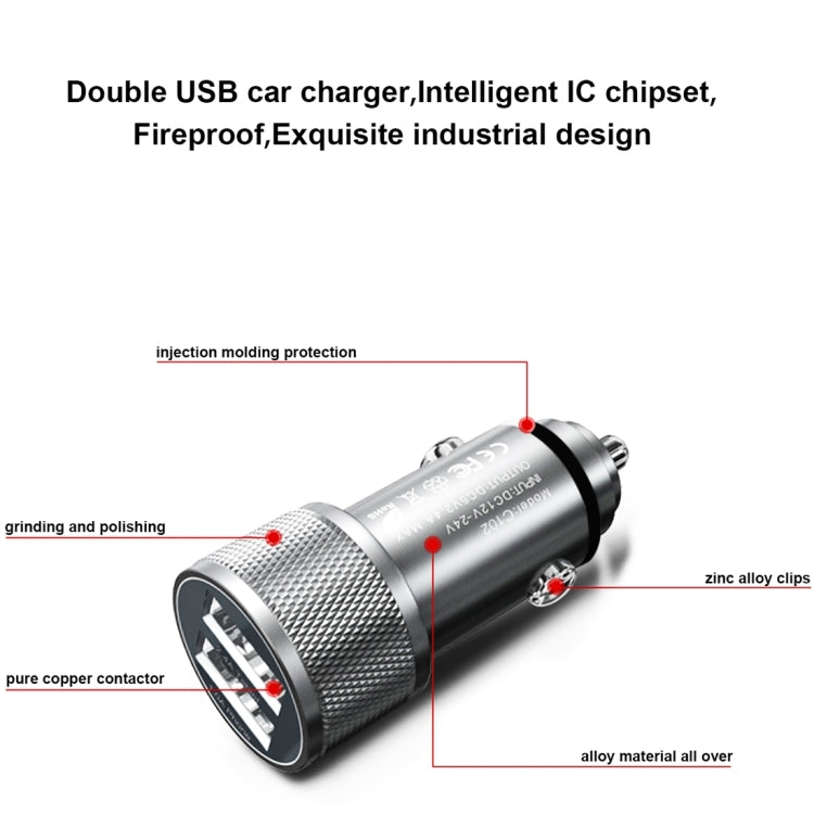 VKworld C102 Dual USB Port Intelligent IC Protection Zinc Alloy and Fireproof ABS Fast Charging Car Charger with Beautiful LED Light for Smartphones and Tablets, Size: 57.8 x 26 mm