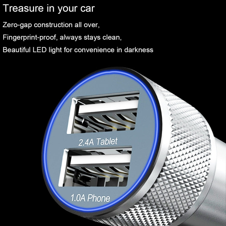 VKworld C102 Dual USB Port Intelligent IC Protection Zinc Alloy and Fireproof ABS Fast Charging Car Charger with Beautiful LED Light for Smartphones and Tablets, Size: 57.8 x 26 mm