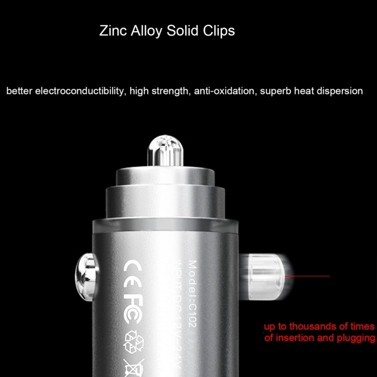 VKworld C102 Dual USB Port Intelligent IC Protection Zinc Alloy and Fireproof ABS Fast Charging Car Charger with Beautiful LED Light for Smartphones and Tablets, Size: 57.8 x 26 mm