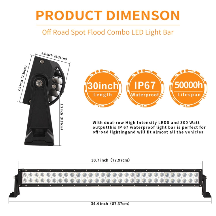 30 inch 2 Rows 70W 6000K IP67 Car Boat Marine Work Lights Spotlight LED Bulbs, DC 10-30V