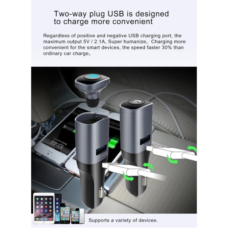 2 in 1 Wireless Bluetooth 4.0 Stereo In-ear Earphone Headset + Single 5V 2.1A USB Charging Port Car Charger for Smartphones, Bluetooth Distance: About 10m