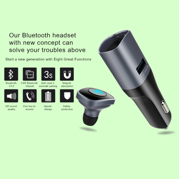 2 in 1 Wireless Bluetooth 4.0 Stereo In-ear Earphone Headset + Single 5V 2.1A USB Charging Port Car Charger for Smartphones, Bluetooth Distance: About 10m