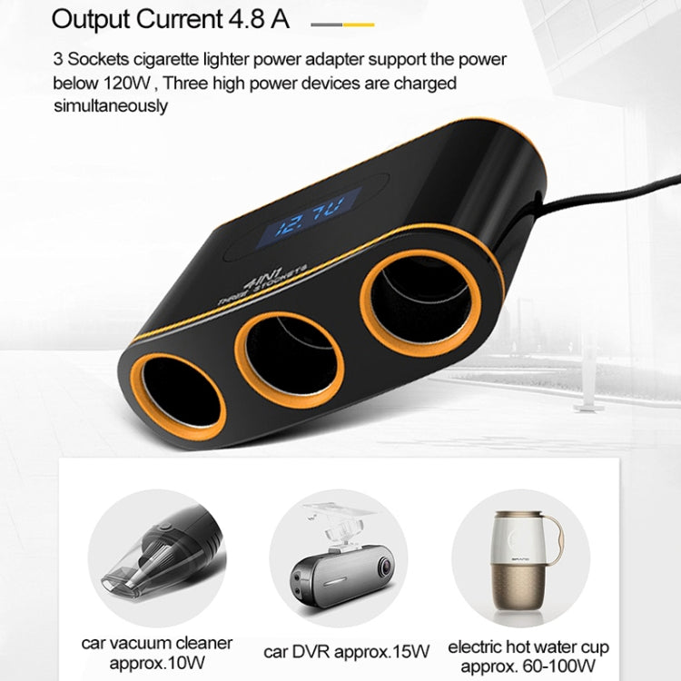 EC6 High Power Intelligent Car Charger Multi-functional 3 Cigarette Sockets Lighter Power Adapter