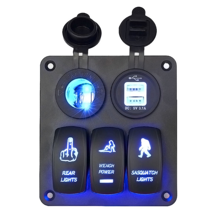5Pin Multi-function Combination Switch Panel Cigarette Lighter Socket + Double Lights 3 Way Switches + Dual USB Charger  for Car RV Marine Boat