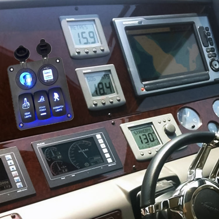 5Pin Multi-function Combination Switch Panel Cigarette Lighter Socket + Double Lights 3 Way Switches + Dual USB Charger  for Car RV Marine Boat