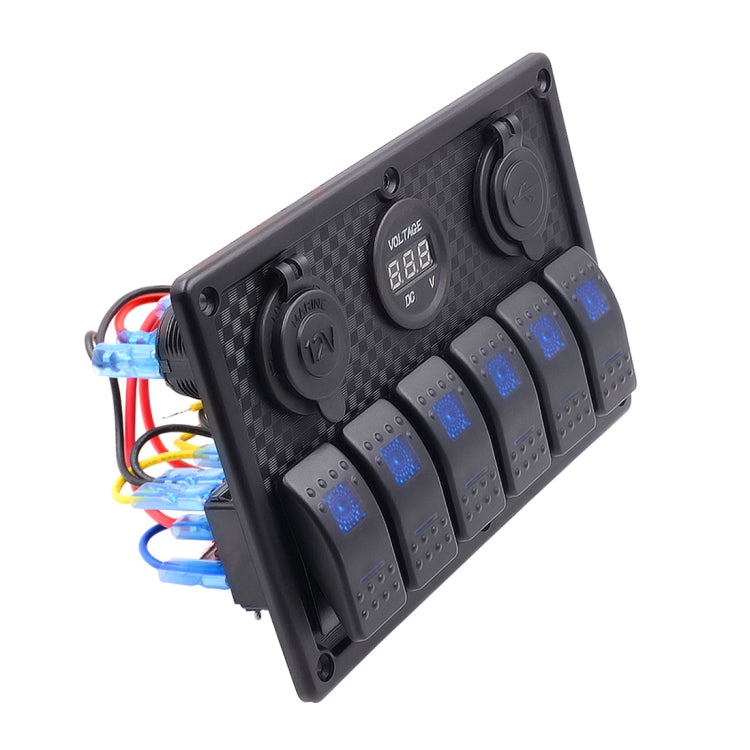 5Pin Multi-function Combination Switch Panel Voltmeter + Cigarette Lighter Socket + Double Lights 6 Way Switches + Dual USB Charger  for Car RV Marine Boat