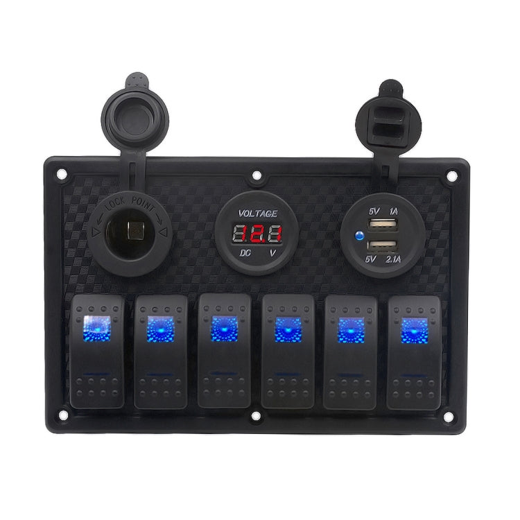 5Pin Multi-function Combination Switch Panel Voltmeter + Cigarette Lighter Socket + Double Lights 6 Way Switches + Dual USB Charger  for Car RV Marine Boat