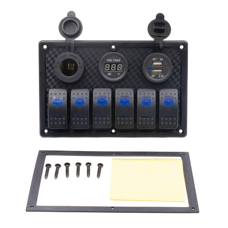 5Pin Multi-function Combination Switch Panel Voltmeter + Cigarette Lighter Socket + Double Lights 6 Way Switches + Dual USB Charger  for Car RV Marine Boat