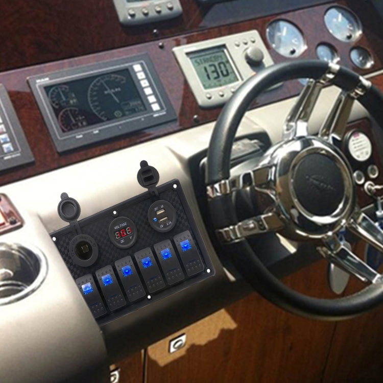 5Pin Multi-function Combination Switch Panel Voltmeter + Cigarette Lighter Socket + Double Lights 6 Way Switches + Dual USB Charger  for Car RV Marine Boat