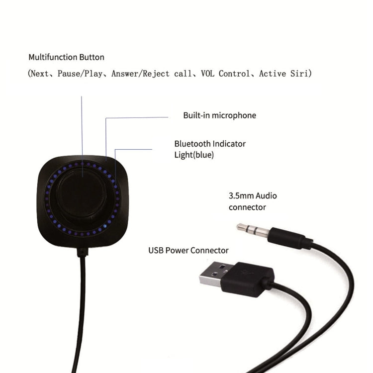 B3510 Car Bluetooth 4.1 Wireless Music Receiver with Built-in Mic & LED Lights for iPhone / iPad / Stereo, Support Hands-free / iOS Siri (Black)