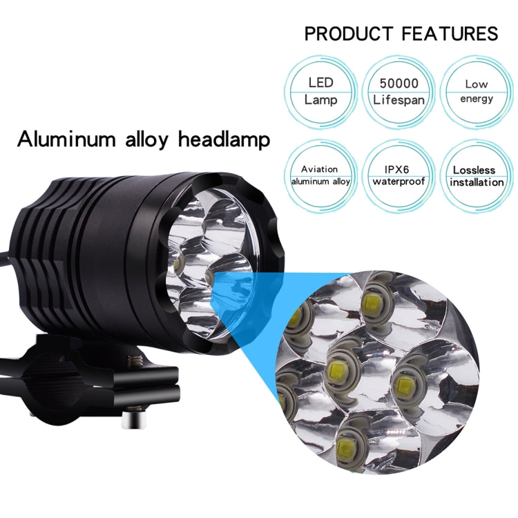 2 PCS DC 12V 4000LM 6000K 30W IP67 6 LED Lamp Beads Motorcycle Aluminum Alloy LED Headlight Lamps with Switch and Cable Hardness, Constantly Bright