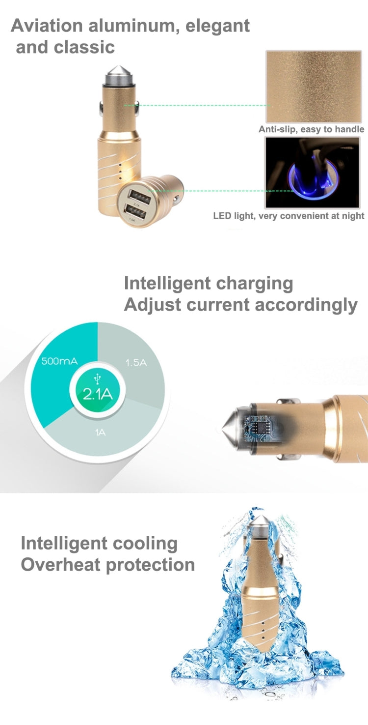 SEZU Screw Texture Aviation Aluminium 1A + 2.1A Dual USB Car Charger with Air-purifying Function & Safety Hammer