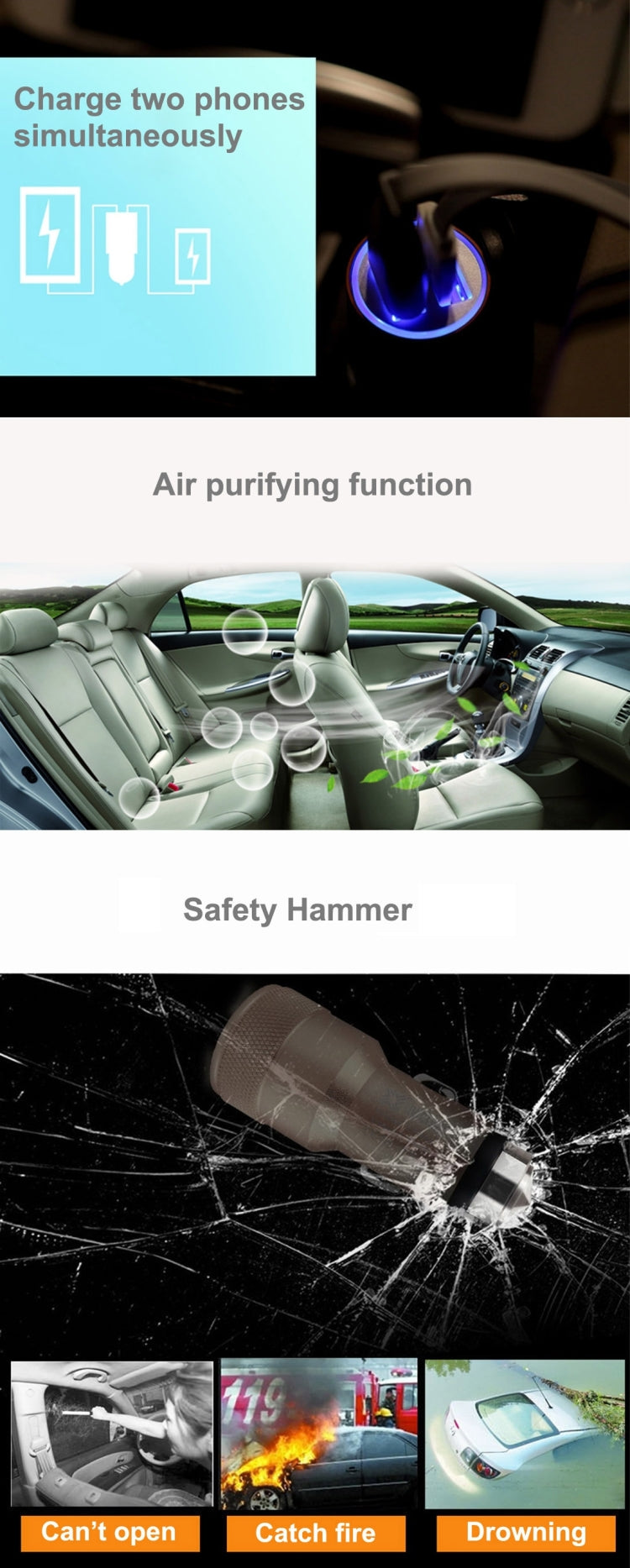 SEZU Screw Texture Aviation Aluminium 1A + 2.1A Dual USB Car Charger with Air-purifying Function & Safety Hammer